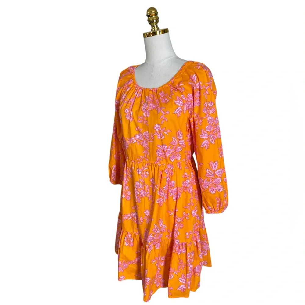 J. Crew Women Orange Pink Floral Scoop-Neck Tiered 100% Cotton Mini Dress Size 6 - Picture 4 of 8